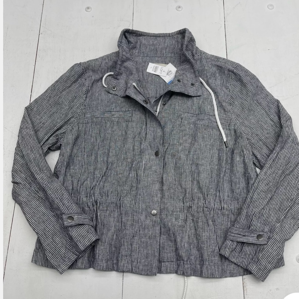 loft blue white striped button zip drawstring jacket